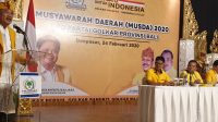 pidato Nyoman Sugawa Korry usai penetapan dirinya sebagai calon tunggal Ketua DPD I Partai Golkar dalam rapat pleno Musda Golkar, Senin (24/2)