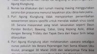 RAJA Klungkung, Ida Dalem Semara Putra, mengeluarkan surat resmi Puri Agung Klungkung, Jumat (27/3/2020). Foto: bagus arjana