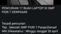 TANGKAPAN layar CCTV saat maling beraksi di SMP PGRI 7 Denpasar. Walhasil 17 unit laptop dibawa kabur. Foto: ist TANGKAPAN layar CCTV saat maling beraksi di SMP PGRI 7 Denpasar. Walhasil 17 unit laptop dibawa kabur. Foto: ist
