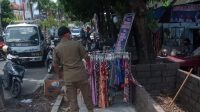 PETUGAS Satpol PP Gianyar menertibkan PKL di atas trotoar. Foto: adi PETUGAS Satpol PP Gianyar menertibkan PKL di atas trotoar. Foto: adi