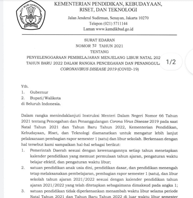 SURAT Edaran Kemendikbudristek Nomor 32 Tahun 2021. Surat Edaran Kemendikbudristek terbaru ini diteken Sekretaris Jenderal Kemendikbudristek, Suharti, tertanggal 14 Desember 2021. Foto: ist