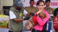 BHAYANGKARI Cabang Bangli melaksanakan vaksinasi rabies, pembagian makanan hewan, dan penyerahan paket sembako, Senin (29/9/2025). Foto: ist