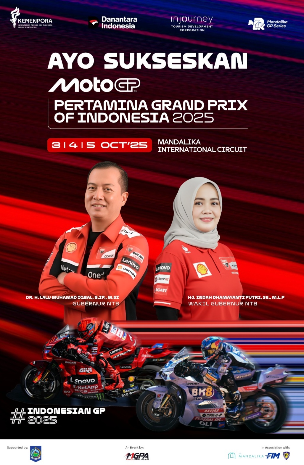 GUBERNUR Lalu Muhamad Iqbal dan Wagub Indah Dhamayanti Putri dalam pamfletnya mengajak warga NTB menyukseskan MotoGP Mandalika 2025 di Sirkuit Mandalika. Foto: ist