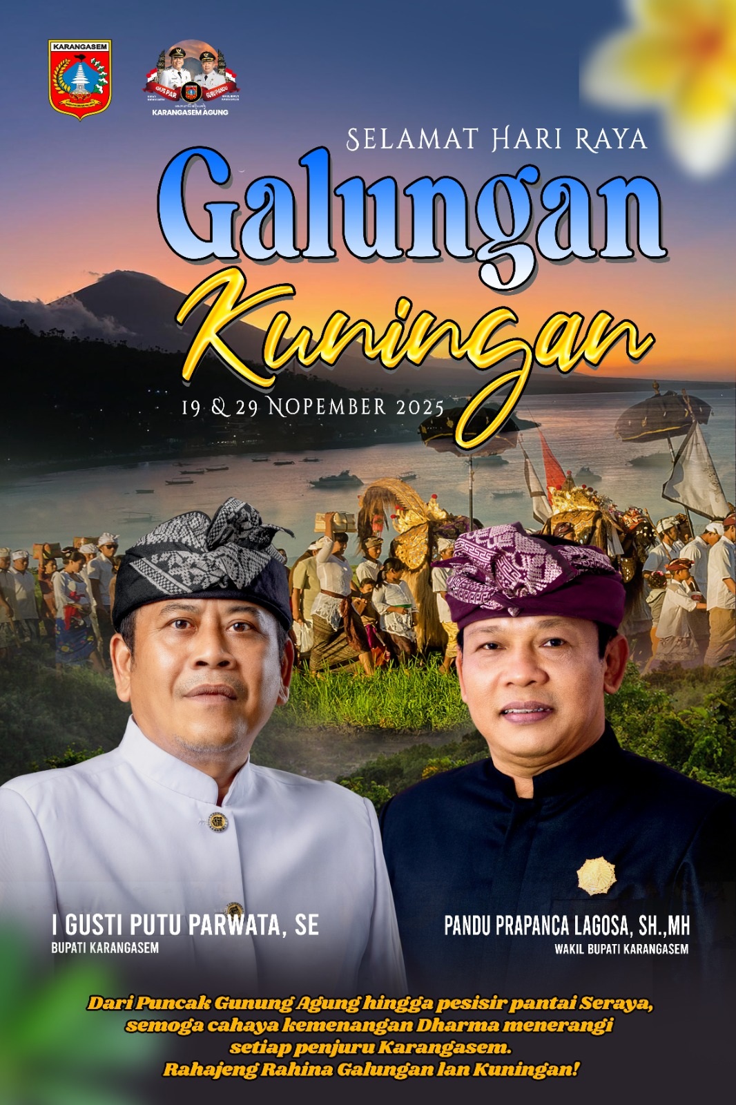 BUPATI I Gusti Putu Parwata dan Wakil Bupati Pandu Prapanca Lagosa, mengajak seluruh masyarakat memaknai Hari Raya Galungan dan Kuningan Tahun 2025 sebagai momentum kemenangan Dharma, yang wajib diimplementasikan dalam kehidupan sehari-hari. Foto: ist