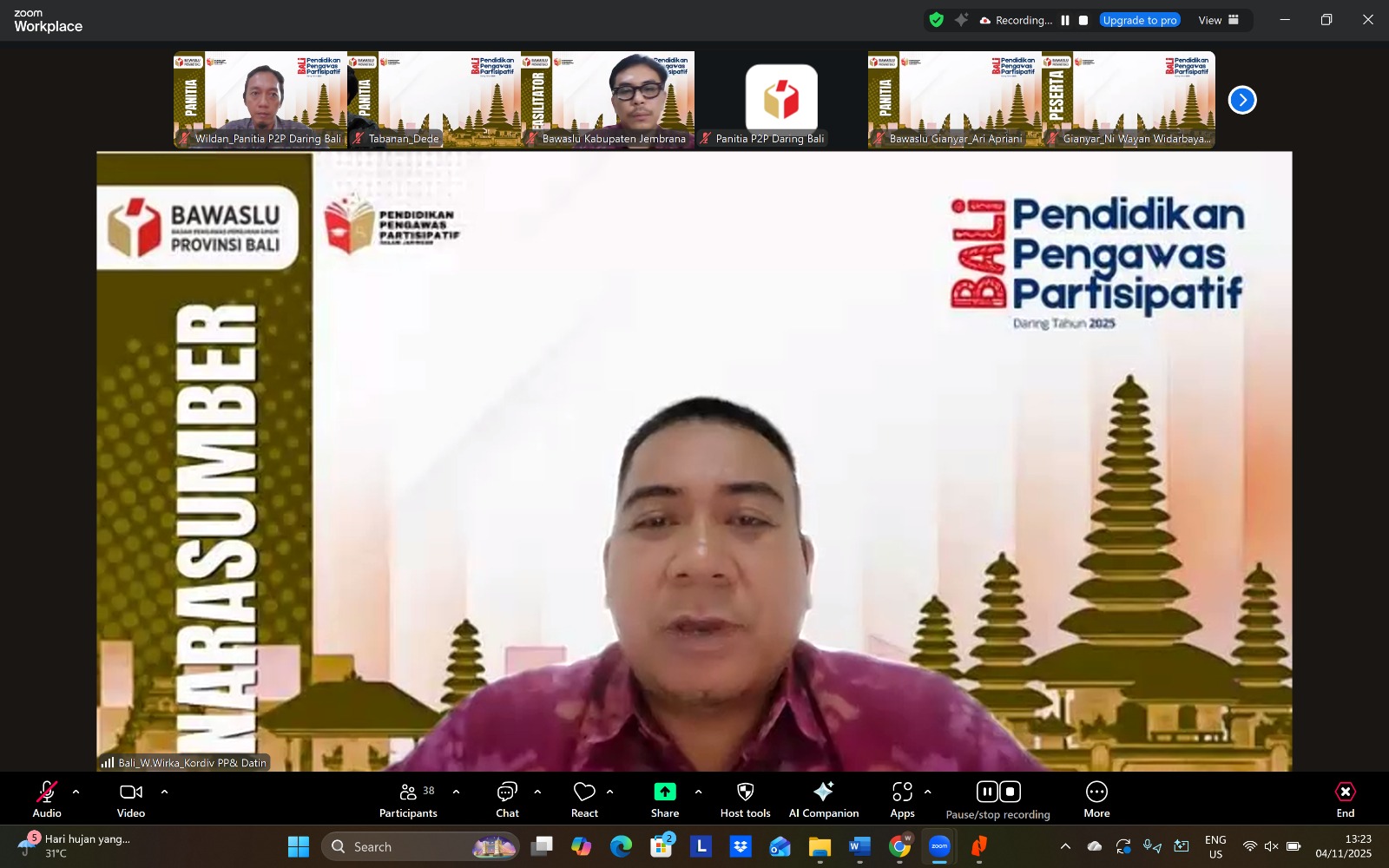 WAYAN Wirka membawakan materi dalam pendidikan pemilih partisipatif secara daring. Foto: ist